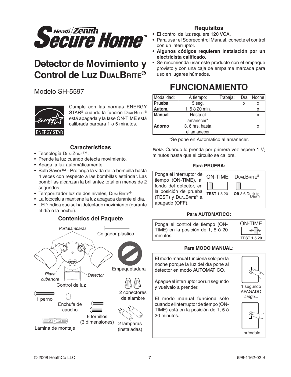 Detector de movimiento y control de luz d, Funcionamiento, Rite | Modelo sh-5597 | Heath Zenith DualBrite Motion Sensor Light Control SH-5597 User Manual | Page 7 / 20