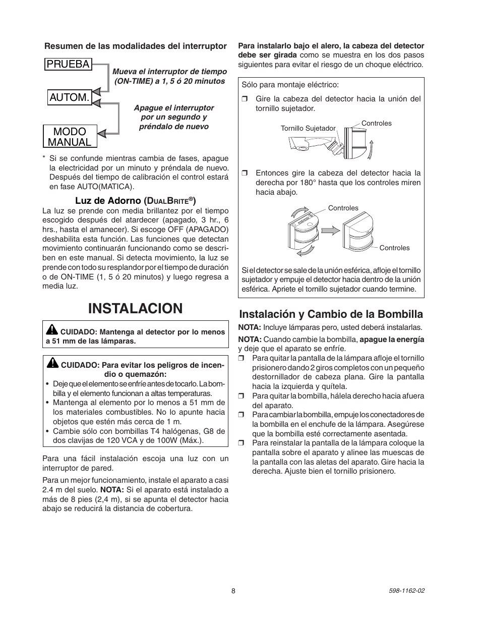 Instalacion, Instalación y cambio de la bombilla, Prueba autom. modo manual | Heath Zenith DualBrite Motion Sensor Light Control SH-5597 User Manual | Page 8 / 20