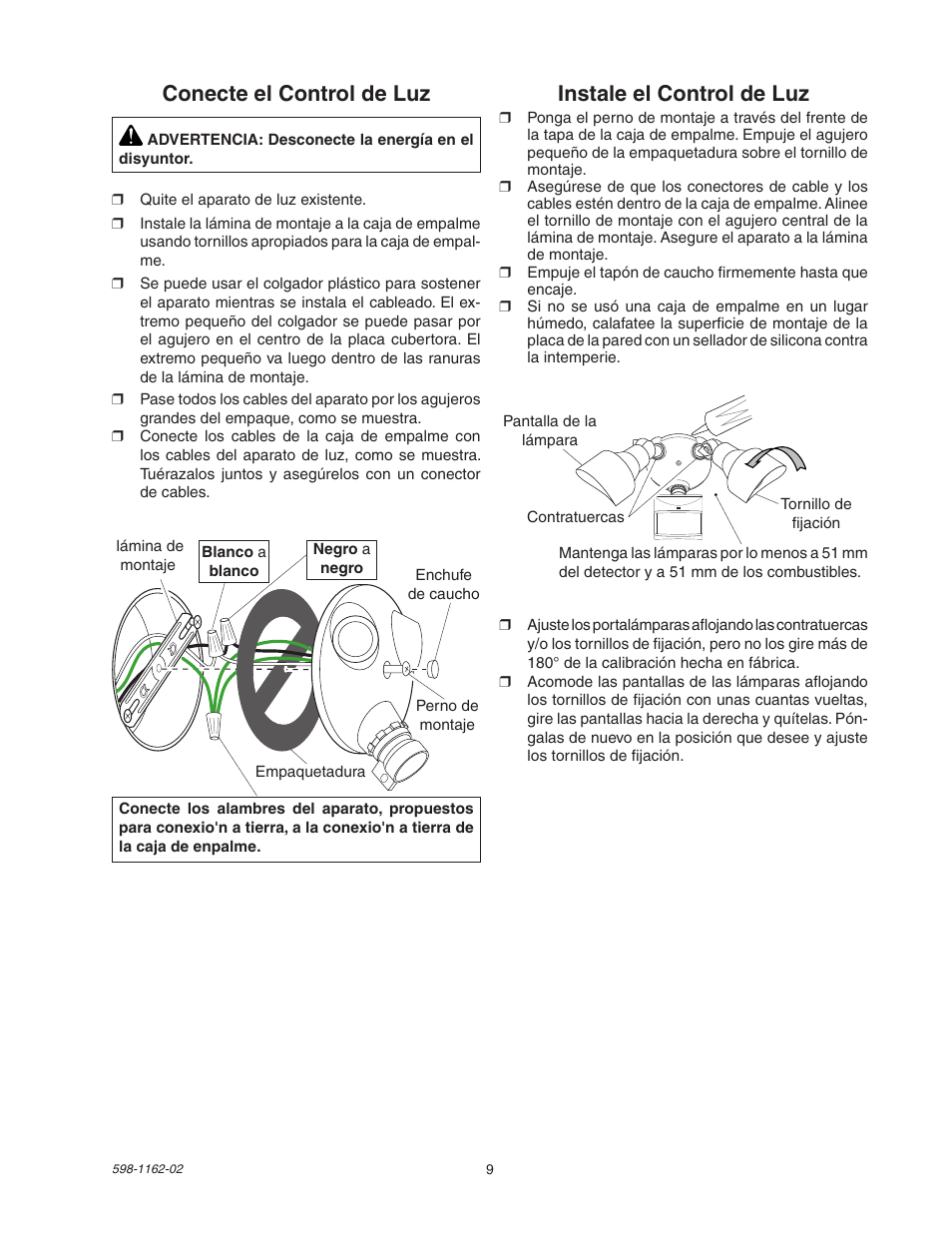 Instale el control de luz, Conecte el control de luz | Heath Zenith DualBrite Motion Sensor Light Control SH-5597 User Manual | Page 9 / 20
