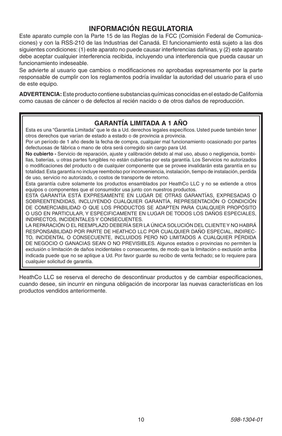Información regulatoria | Heath Zenith 598-1304-01 User Manual | Page 10 / 16