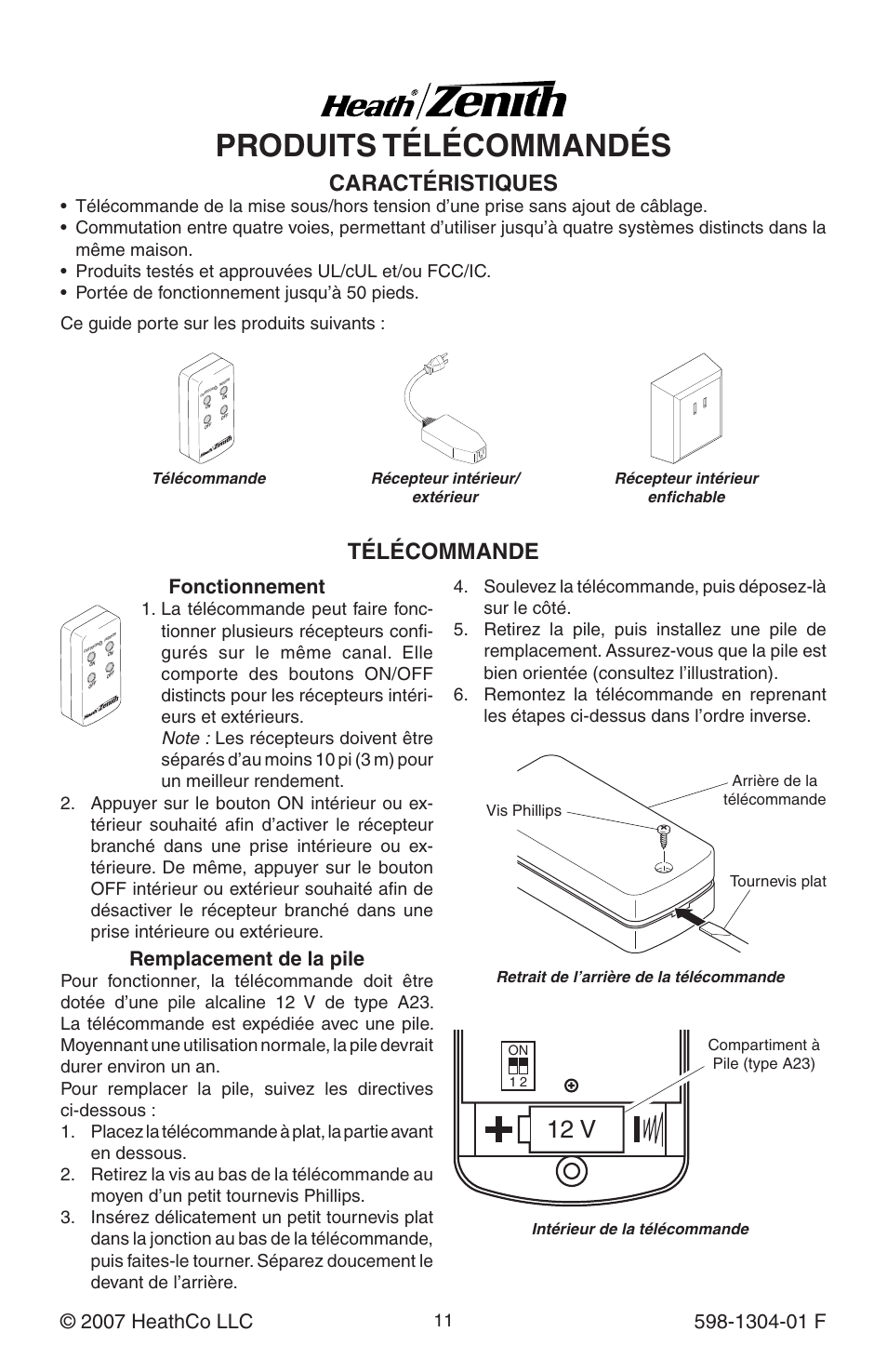 Produits télécommandés, 12 v, Caractéristiques | Télécommande, Fonctionnement, Remplacement de la pile | Heath Zenith 598-1304-01 User Manual | Page 11 / 16