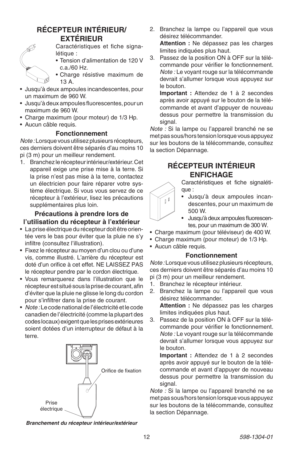 Récepteur intérieur enfichage, Récepteur intérieur/ extérieur | Heath Zenith 598-1304-01 User Manual | Page 12 / 16