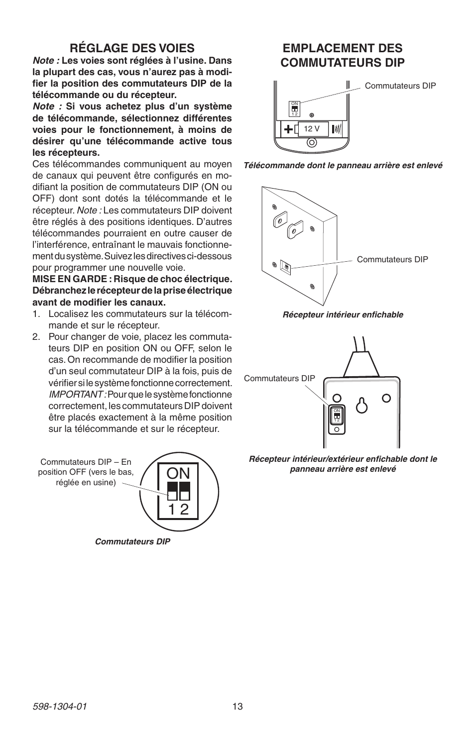 12 v, Réglage des voies, Emplacement des commutateurs dip | Heath Zenith 598-1304-01 User Manual | Page 13 / 16