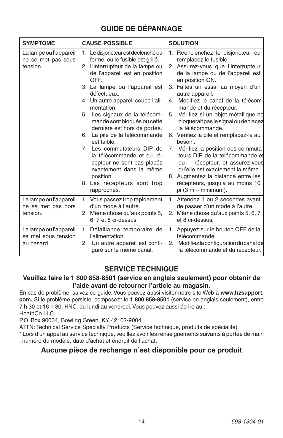 Guide de dépannage, Service technique | Heath Zenith 598-1304-01 User Manual | Page 14 / 16
