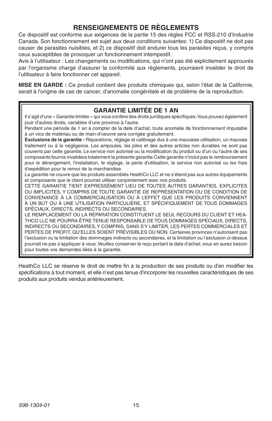 Renseignements de règlements | Heath Zenith 598-1304-01 User Manual | Page 15 / 16