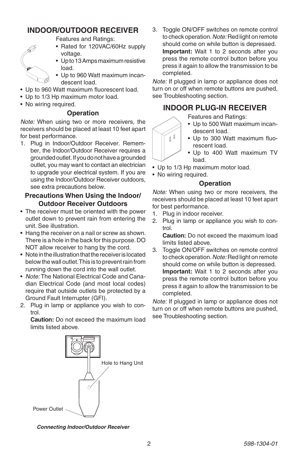 Indoor plug-in receiver, Indoor/outdoor receiver | Heath Zenith 598-1304-01 User Manual | Page 2 / 16