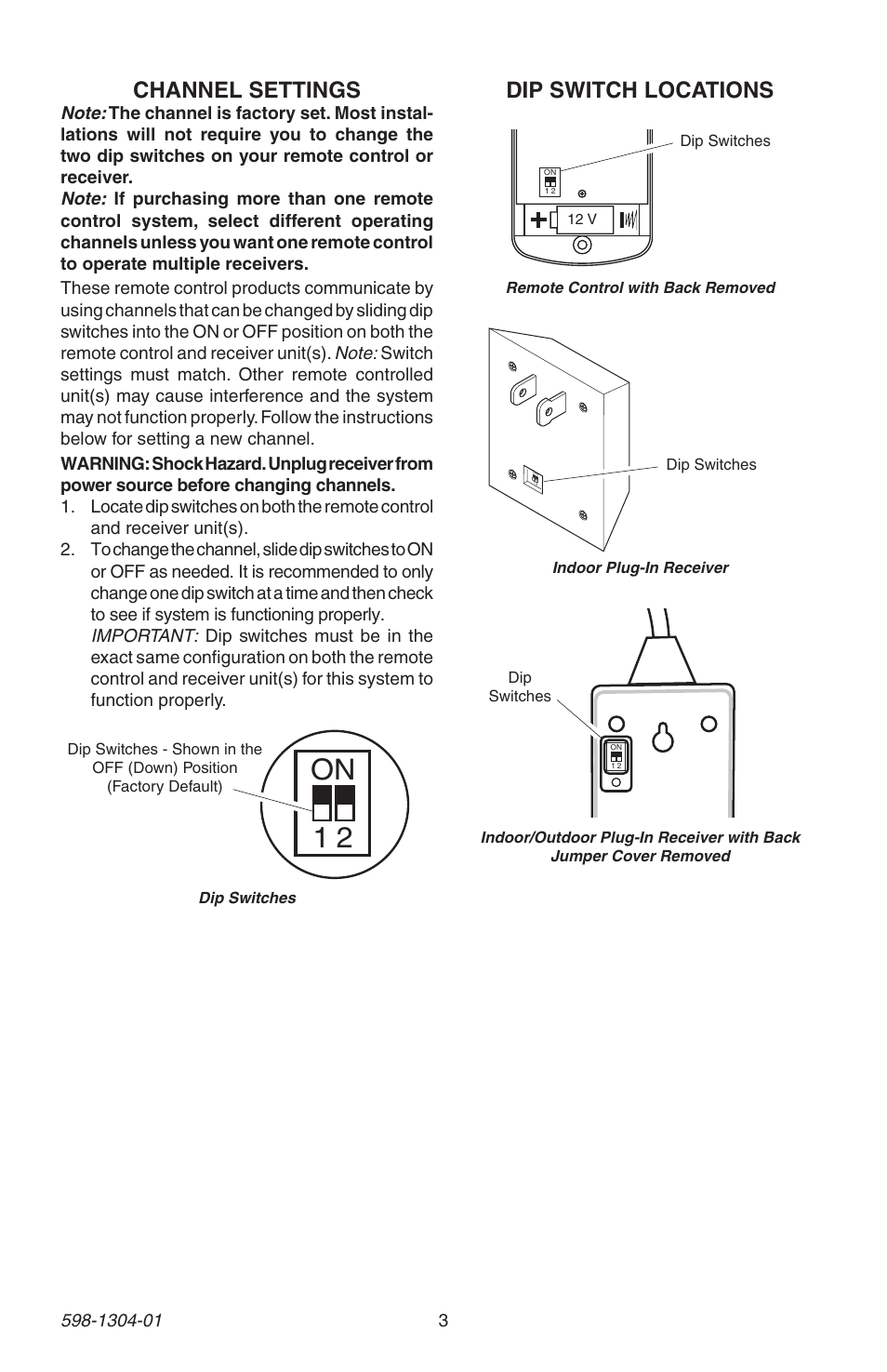 12 v, Channel settings, Dip switch locations | Heath Zenith 598-1304-01 User Manual | Page 3 / 16