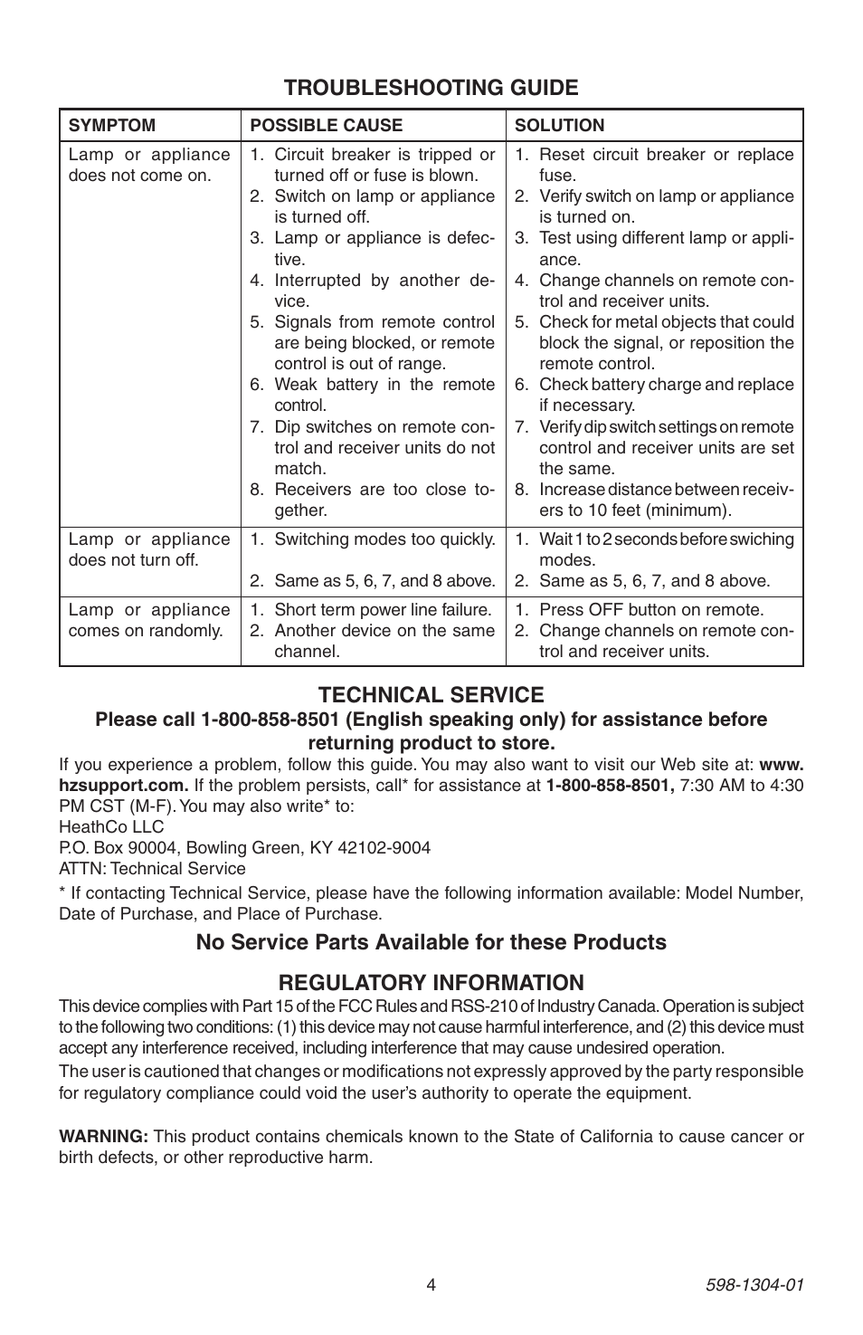 Regulatory information, Technical service | Heath Zenith 598-1304-01 User Manual | Page 4 / 16