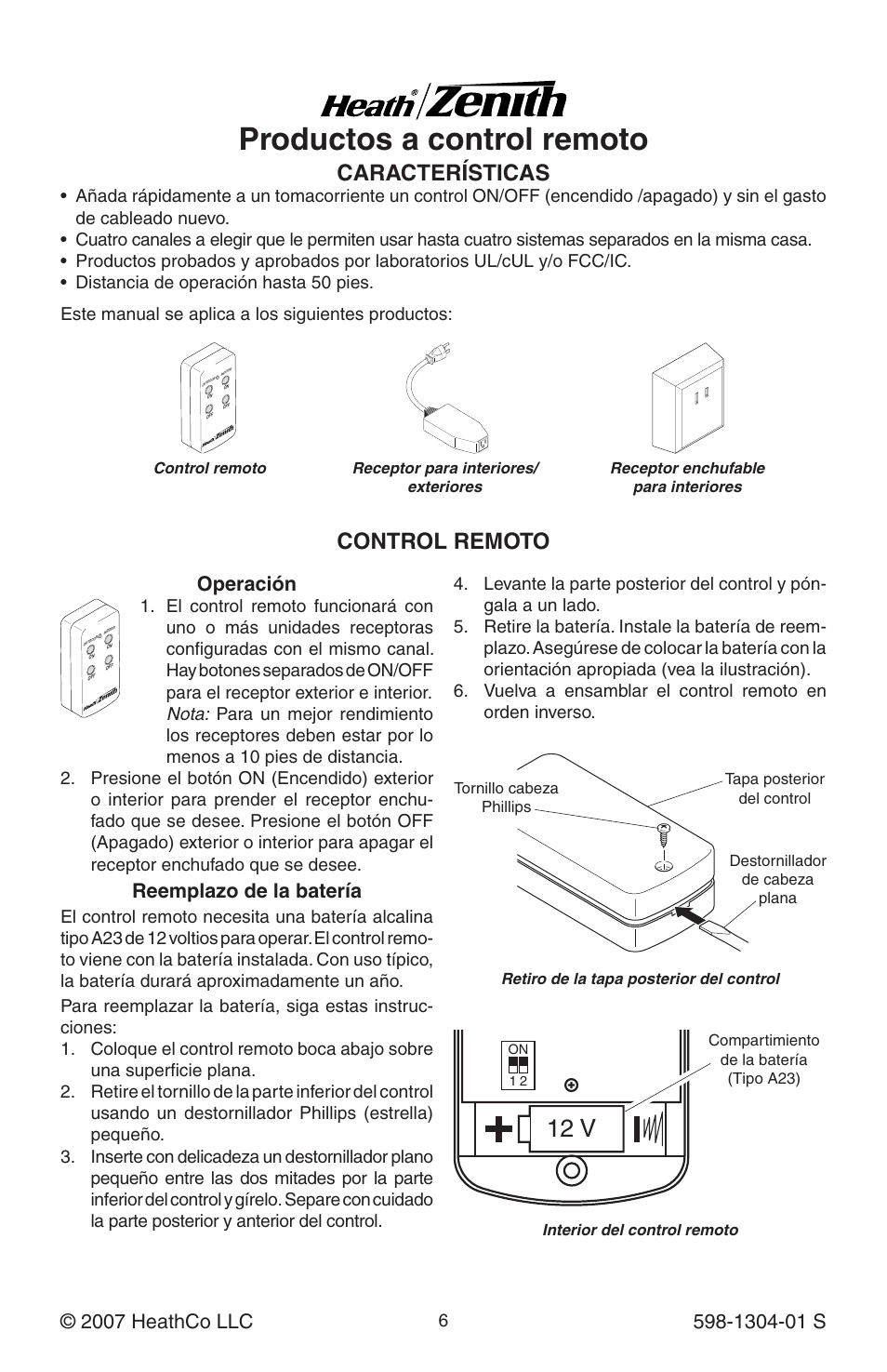 Productos a control remoto, 12 v, Características | Control remoto, Operación, Reemplazo de la batería | Heath Zenith 598-1304-01 User Manual | Page 6 / 16