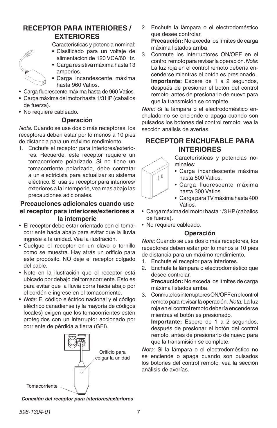 Receptor enchufable para interiores, Receptor para interiores / exteriores | Heath Zenith 598-1304-01 User Manual | Page 7 / 16
