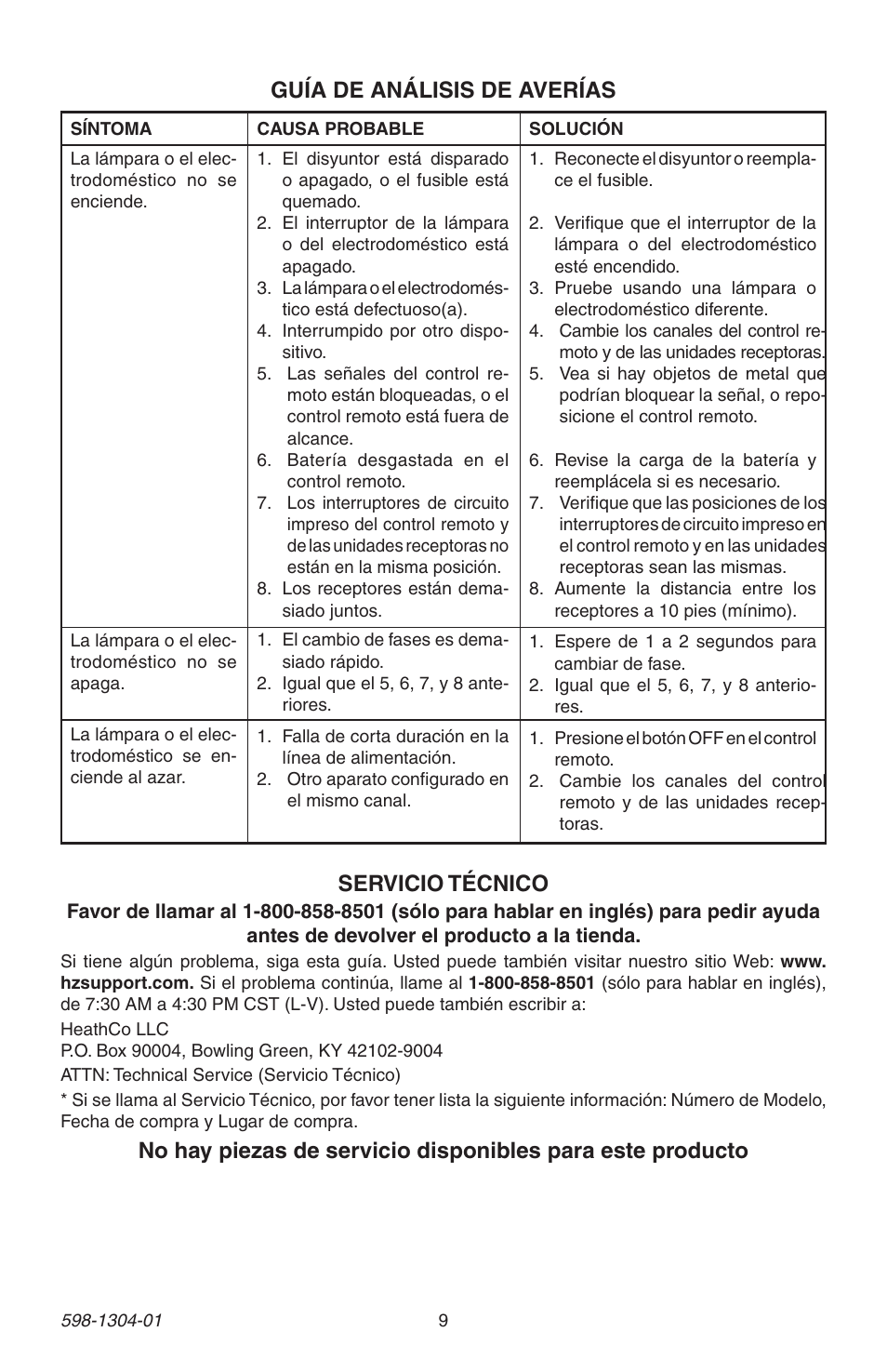 Guía de análisis de averías, Servicio técnico | Heath Zenith 598-1304-01 User Manual | Page 9 / 16