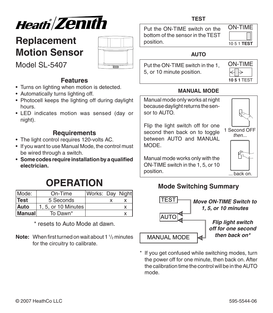 Heath Zenith Replacement Motion Sensor SL-5407 User Manual | 12 pages