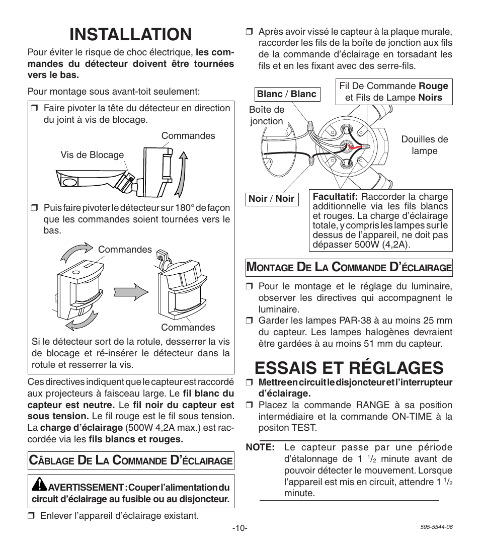 Installation, Essais et réglages | Heath Zenith Replacement Motion Sensor SL-5407 User Manual | Page 10 / 12