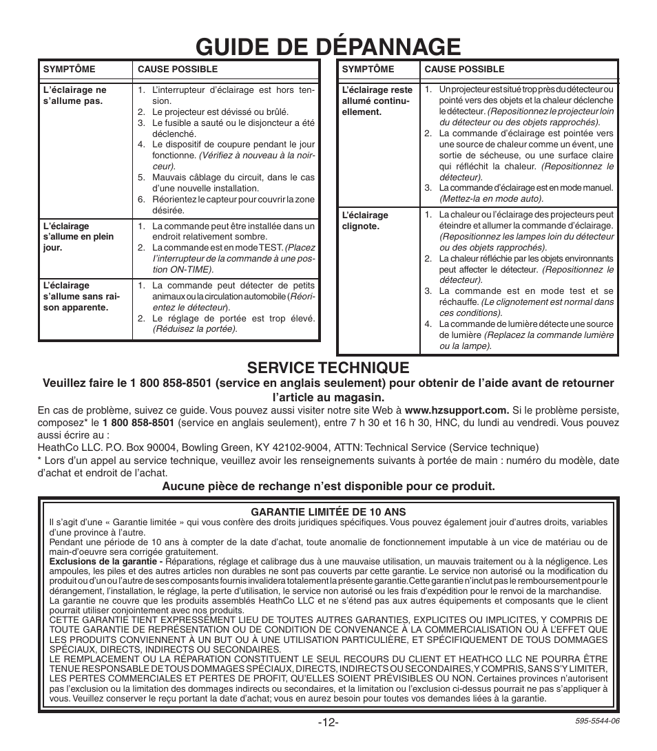 Guide de dépannage, Service technique | Heath Zenith Replacement Motion Sensor SL-5407 User Manual | Page 12 / 12