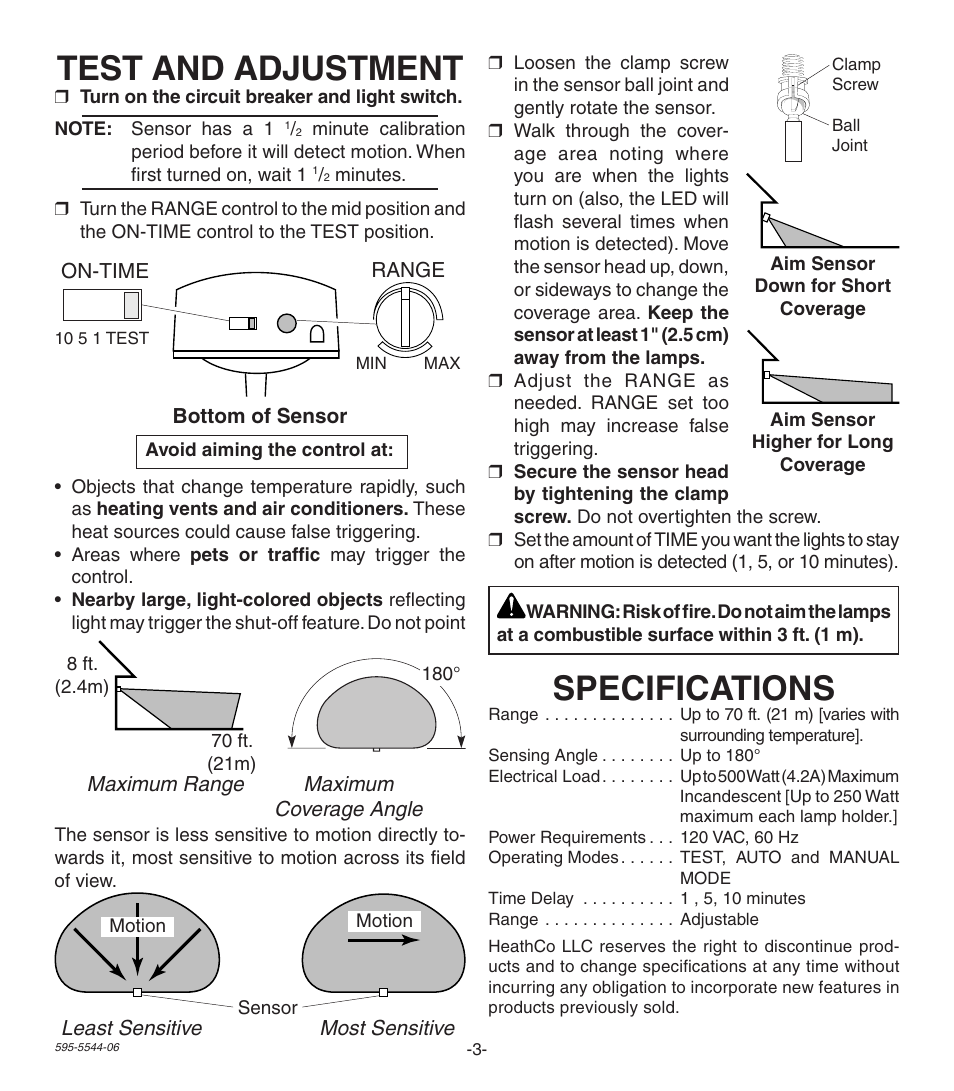 Test and adjustment, Specifications | Heath Zenith Replacement Motion Sensor SL-5407 User Manual | Page 3 / 12