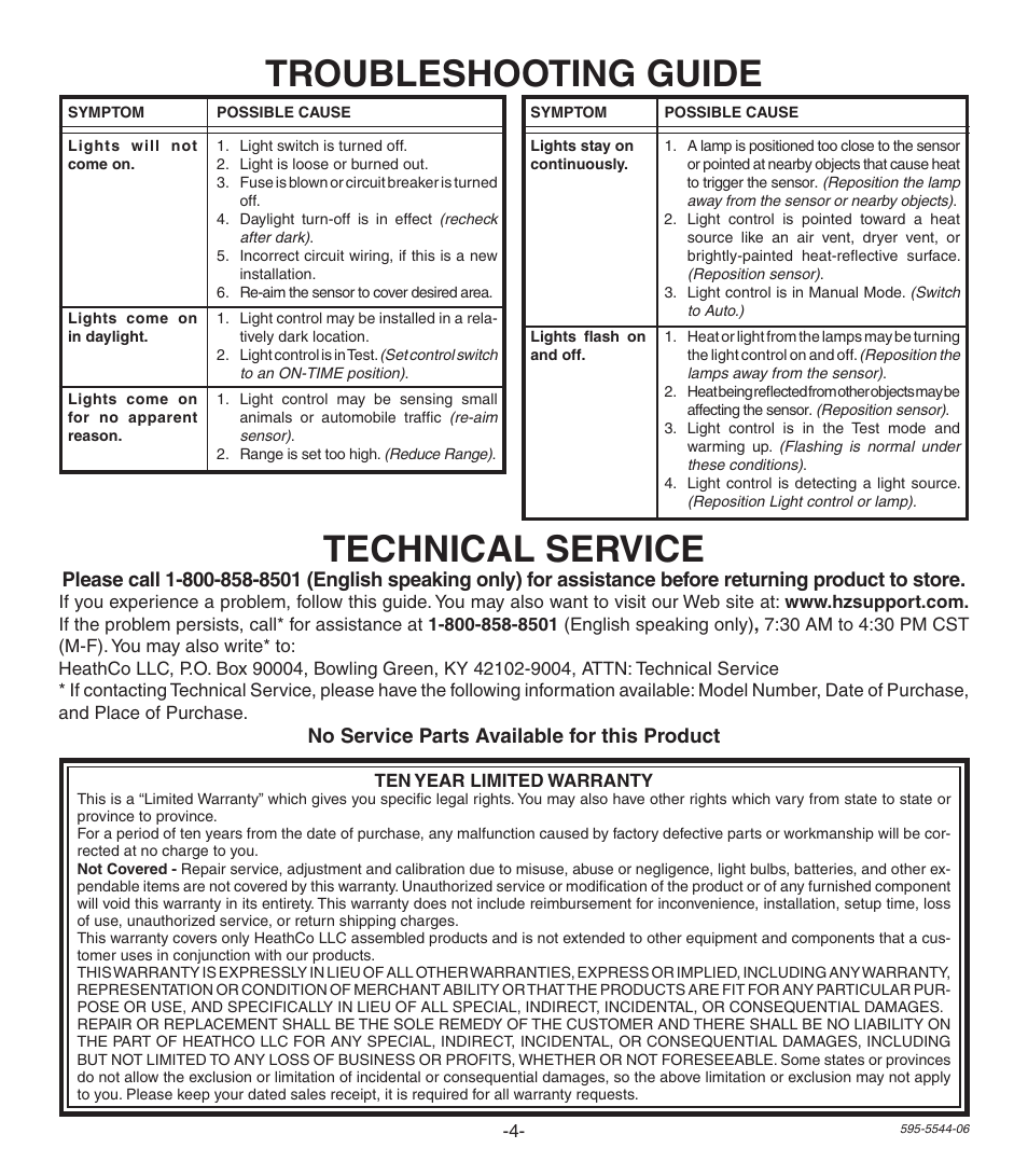 Troubleshooting guide, Technical service | Heath Zenith Replacement Motion Sensor SL-5407 User Manual | Page 4 / 12