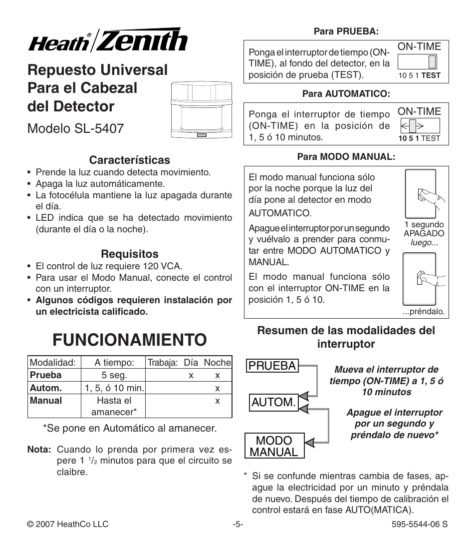 Funcionamiento, Repuesto universal para el cabezal del detector, Modelo sl-5407 | Prueba autom. modo manual | Heath Zenith Replacement Motion Sensor SL-5407 User Manual | Page 5 / 12