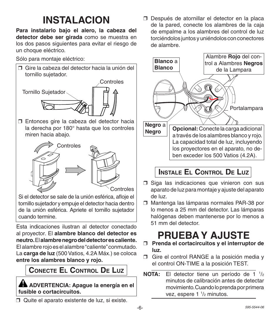 Instalacion, Prueba y ajuste | Heath Zenith Replacement Motion Sensor SL-5407 User Manual | Page 6 / 12