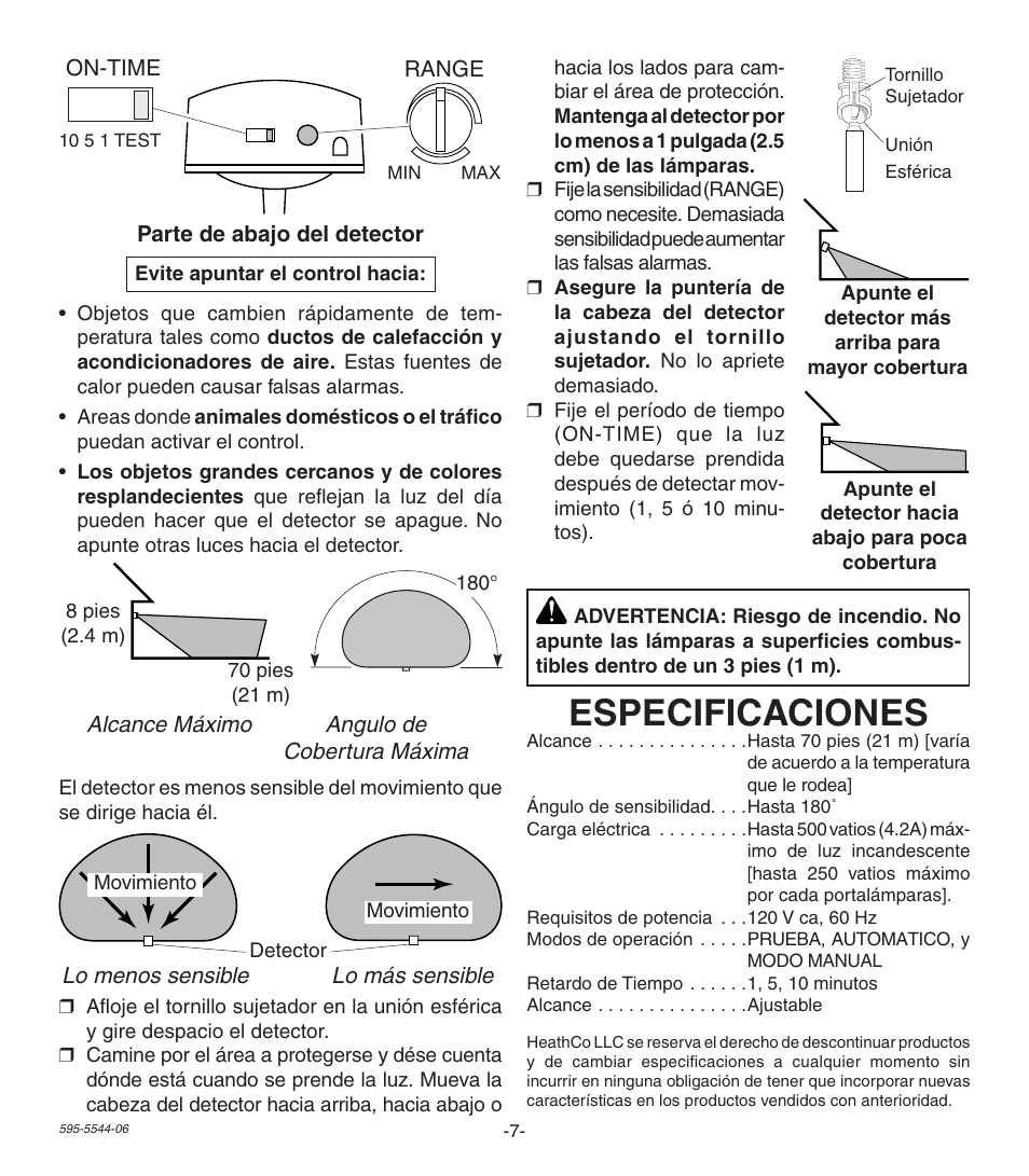 Especificaciones | Heath Zenith Replacement Motion Sensor SL-5407 User Manual | Page 7 / 12