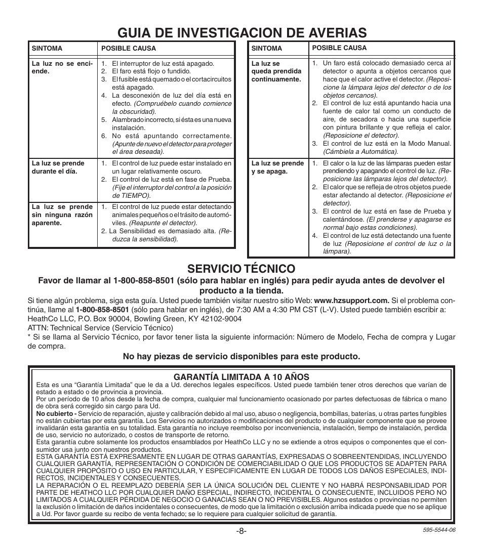Guia de investigacion de averias, Servicio técnico | Heath Zenith Replacement Motion Sensor SL-5407 User Manual | Page 8 / 12