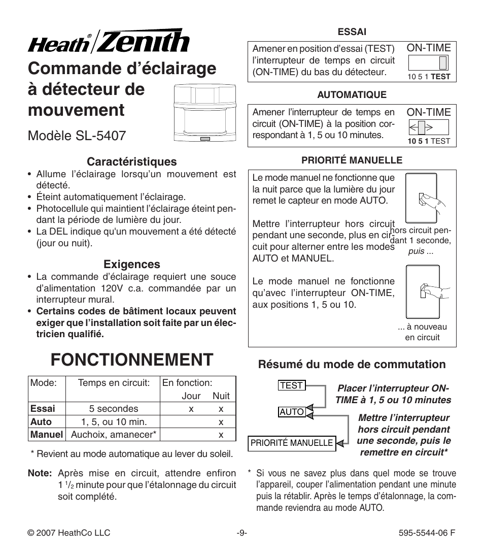 Commande d’éclairage à détecteur de mouvement, Fonctionnement, Modèle sl-5407 | Caractéristiques, Exigences, Résumé du mode de commutation | Heath Zenith Replacement Motion Sensor SL-5407 User Manual | Page 9 / 12
