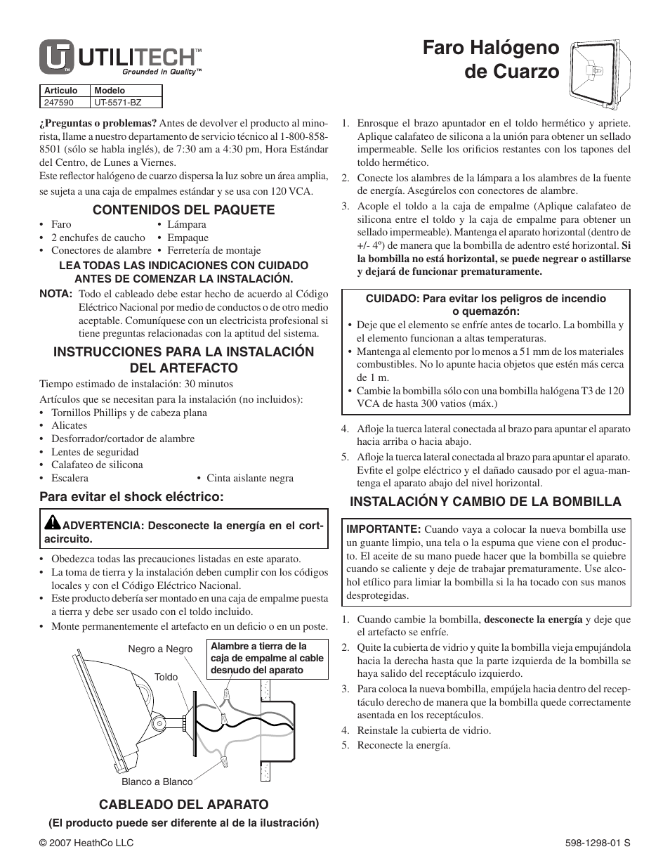 Faro halógeno de cuarzo | Heath Zenith UT-5571-BZ User Manual | Page 2 / 4