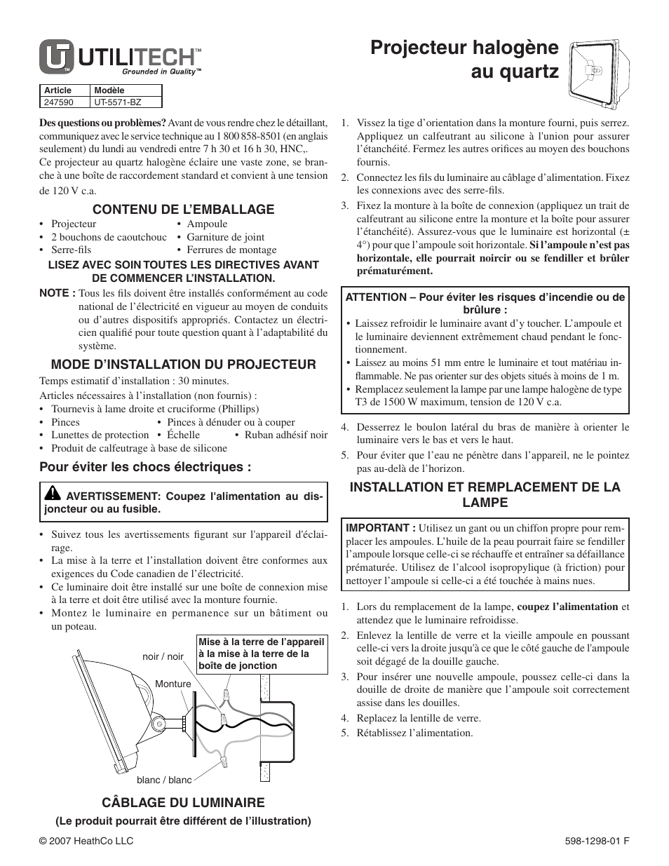 Projecteur halogène au quartz | Heath Zenith UT-5571-BZ User Manual | Page 3 / 4