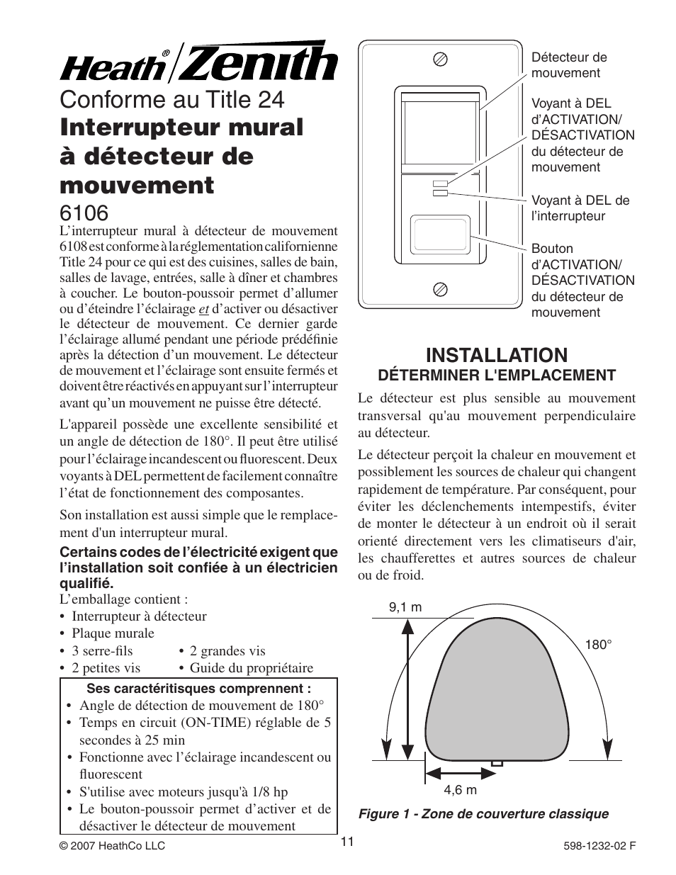 Interrupteur mural à détecteur de mouvement, Conforme au title 24, Installation | Heath Zenith 6106 User Manual | Page 11 / 16