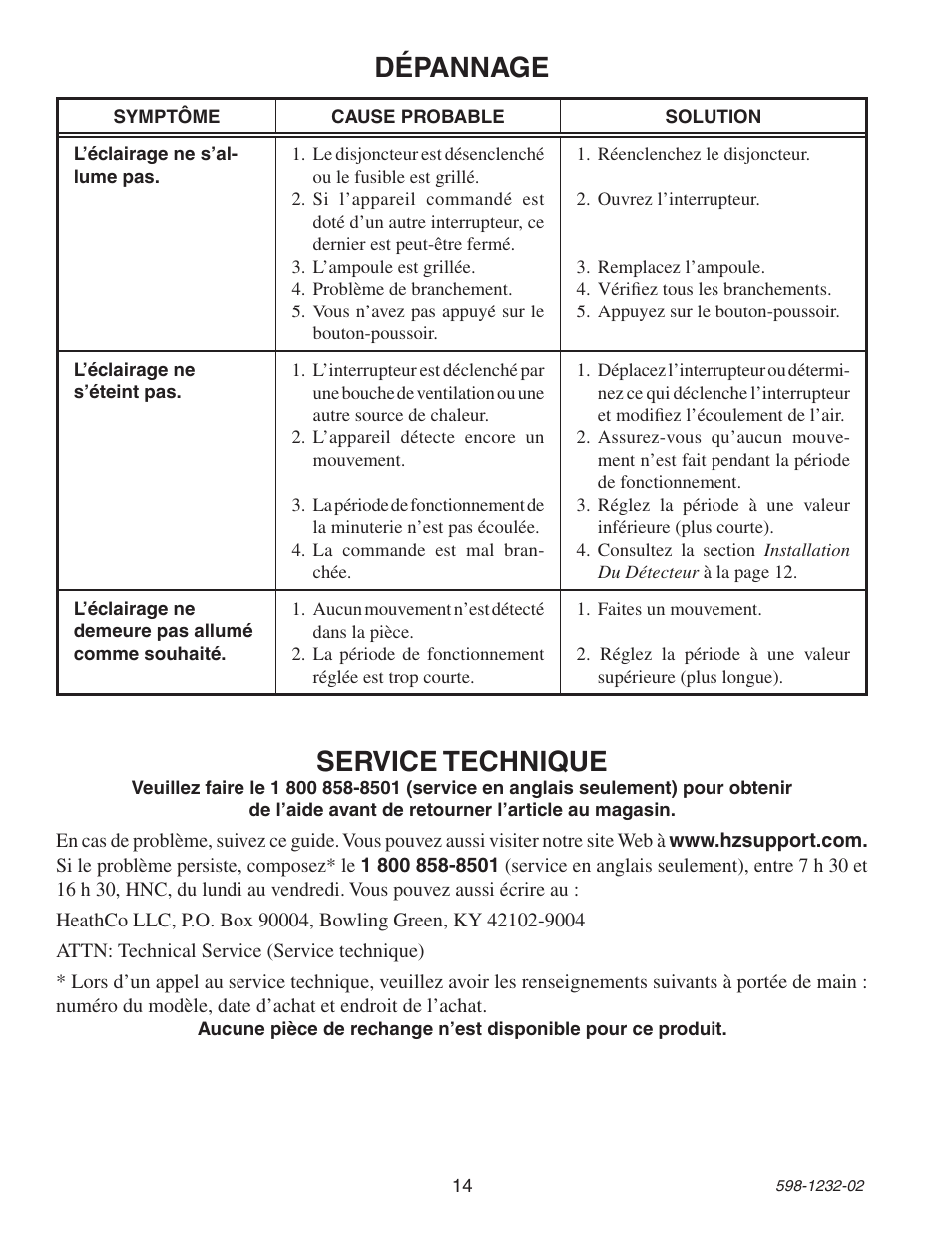 Dépannage, Service technique | Heath Zenith 6106 User Manual | Page 14 / 16