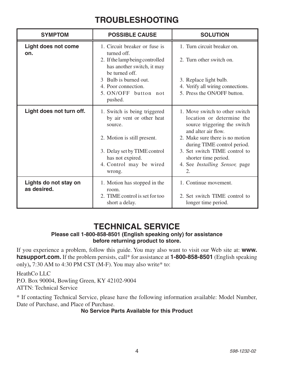 Troubleshooting, Technical service | Heath Zenith 6106 User Manual | Page 4 / 16