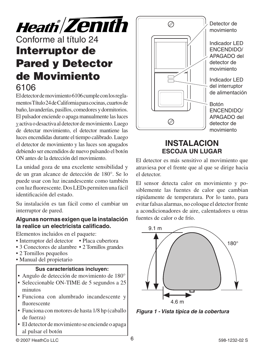 Interruptor de pared y detector de movimiento, Conforme al título 24, Instalacion | Heath Zenith 6106 User Manual | Page 6 / 16