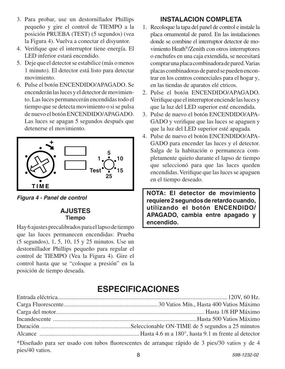 Especificaciones | Heath Zenith 6106 User Manual | Page 8 / 16