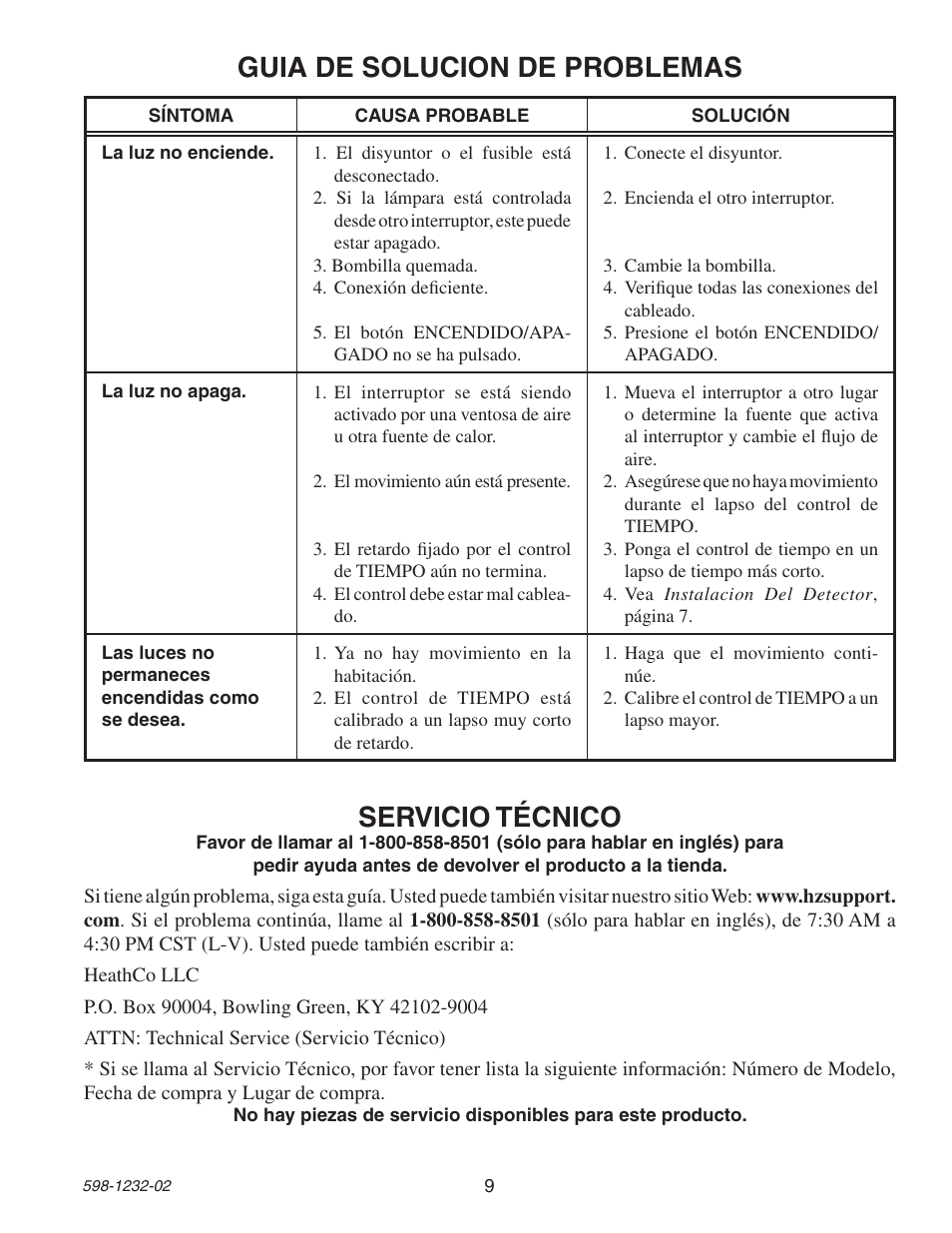 Guia de solucion de problemas, Servicio técnico | Heath Zenith 6106 User Manual | Page 9 / 16