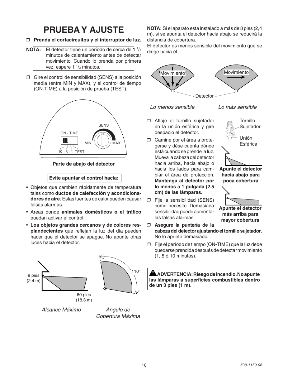 Prueba y ajuste | Heath Zenith SH-5511 User Manual | Page 10 / 20