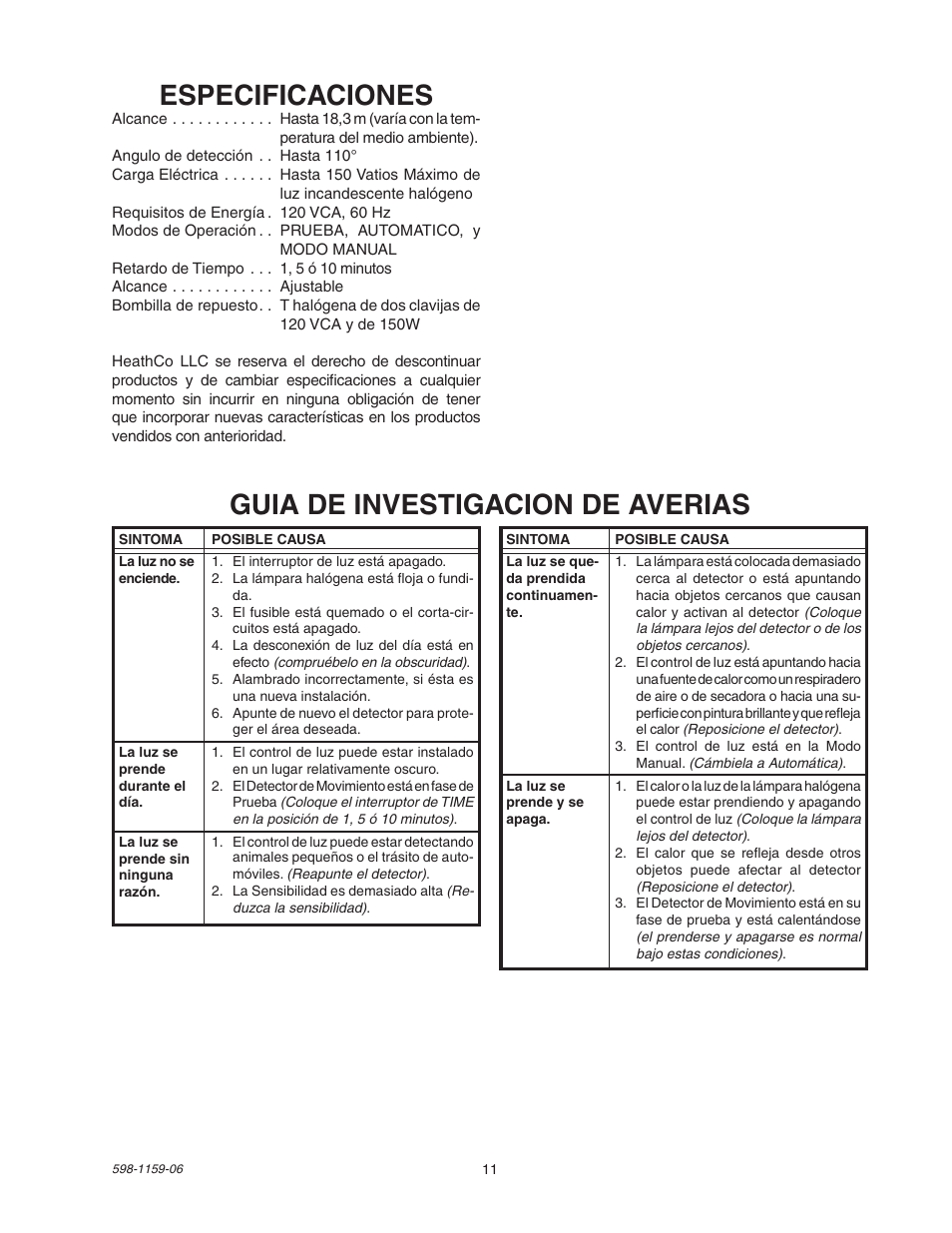 Especificaciones, Guia de investigacion de averias | Heath Zenith SH-5511 User Manual | Page 11 / 20
