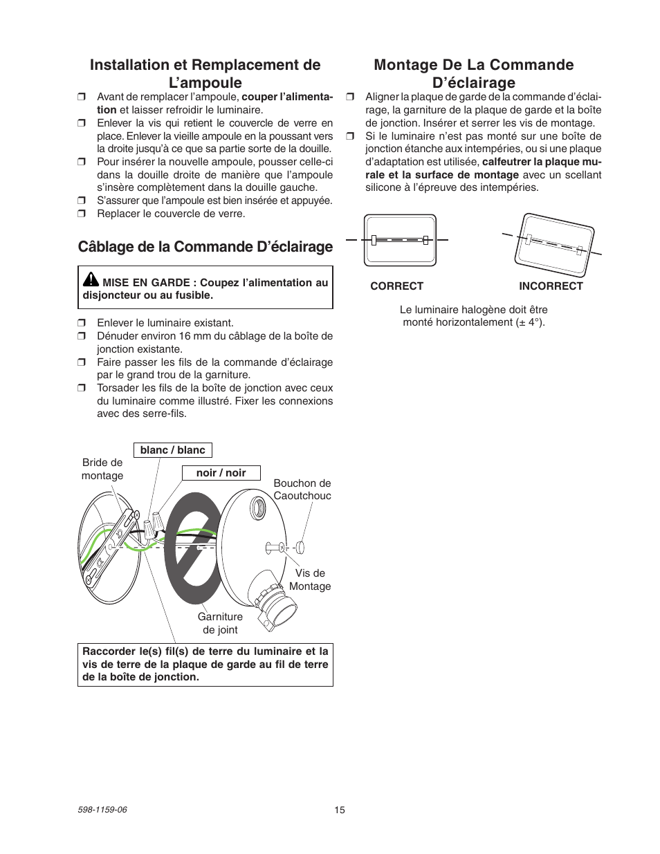 Câblage de la commande d’éclairage, Installation et remplacement de l’ampoule, Montage de la commande d’éclairage | Heath Zenith SH-5511 User Manual | Page 15 / 20
