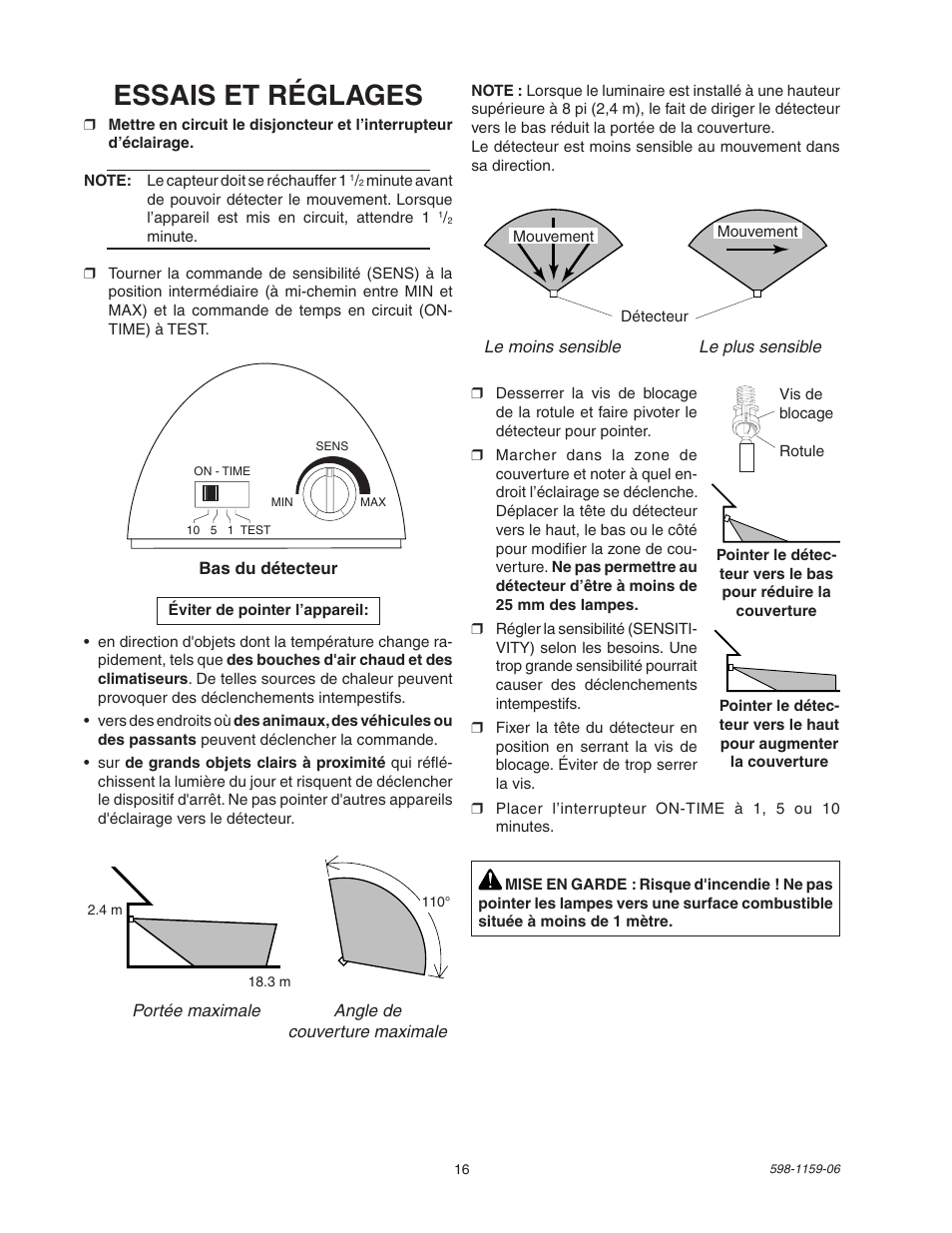 Essais et réglages | Heath Zenith SH-5511 User Manual | Page 16 / 20