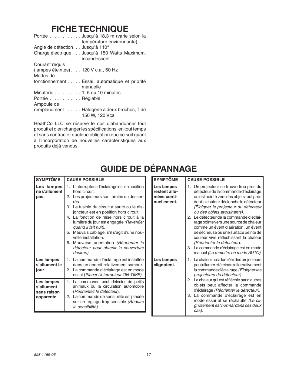 Fiche technique, Guide de dépannage | Heath Zenith SH-5511 User Manual | Page 17 / 20