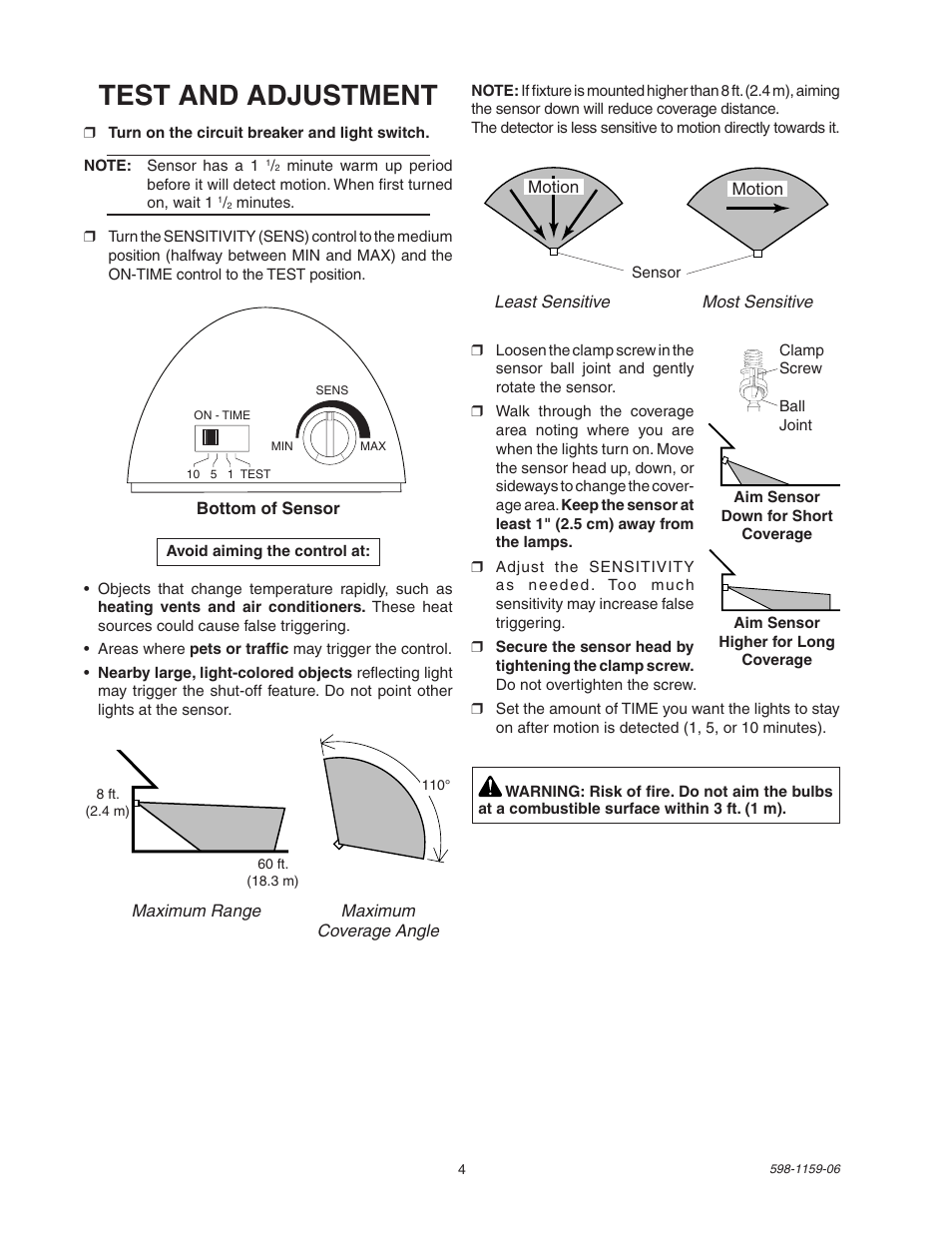 Test and adjustment | Heath Zenith SH-5511 User Manual | Page 4 / 20