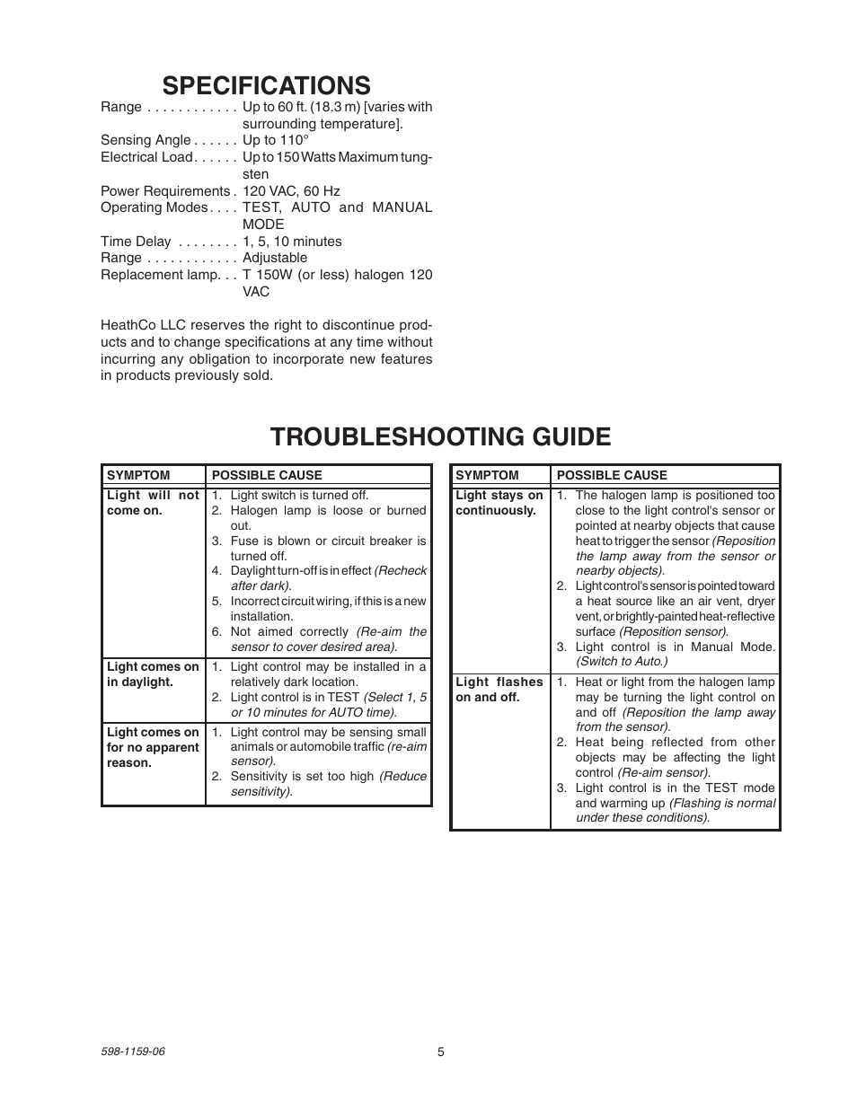 Specifications, Troubleshooting guide | Heath Zenith SH-5511 User Manual | Page 5 / 20