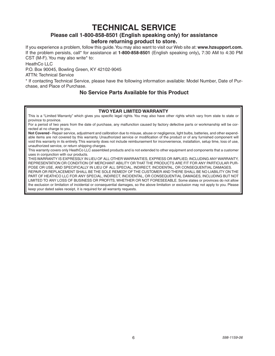 Technical service | Heath Zenith SH-5511 User Manual | Page 6 / 20