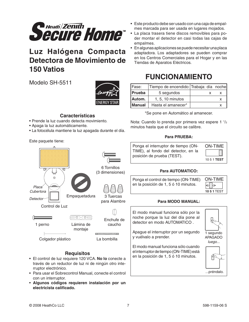 Funcionamiento, Modelo sh-5511 | Heath Zenith SH-5511 User Manual | Page 7 / 20