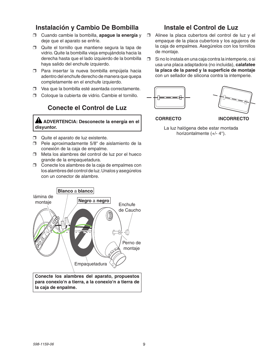 Instalación y cambio de bombilla, Conecte el control de luz, Instale el control de luz | Heath Zenith SH-5511 User Manual | Page 9 / 20