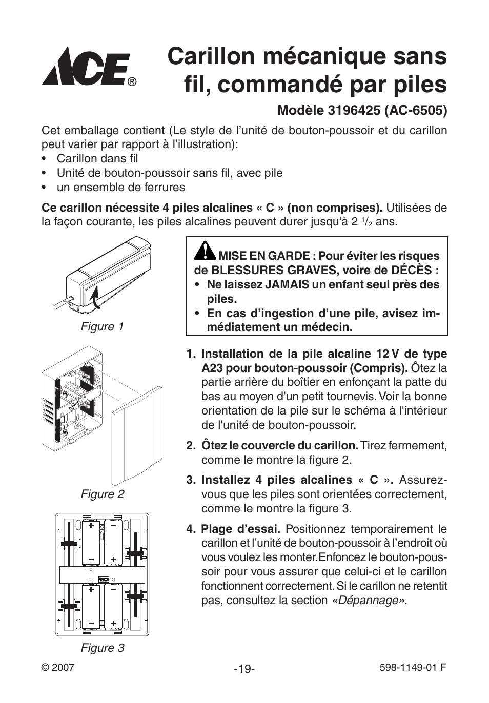 Carillon mécanique sans fil, commandé par piles | Heath Zenith 3196425 User Manual | Page 19 / 28