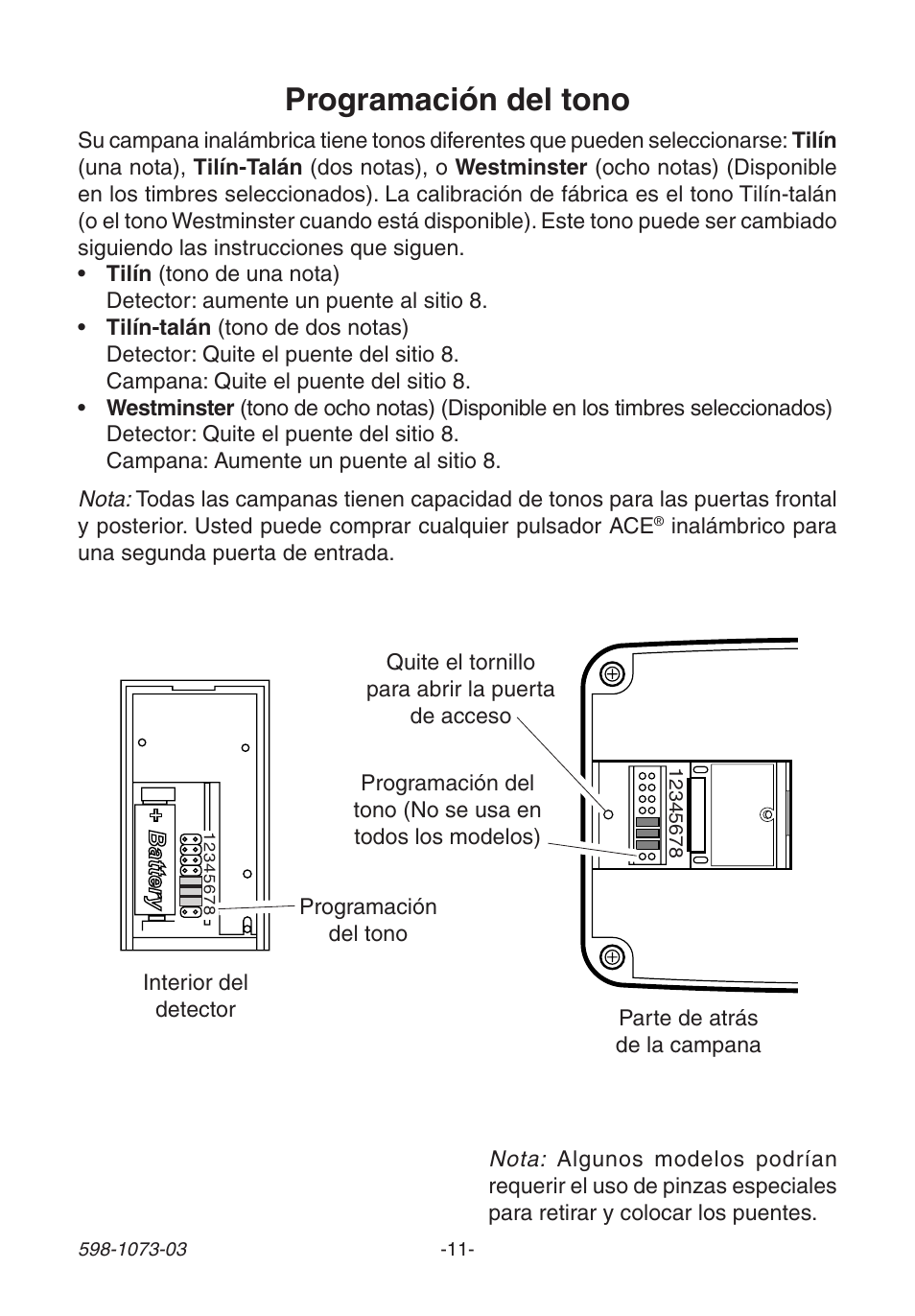 Programación del tono | Heath Zenith 3003530 User Manual | Page 11 / 24