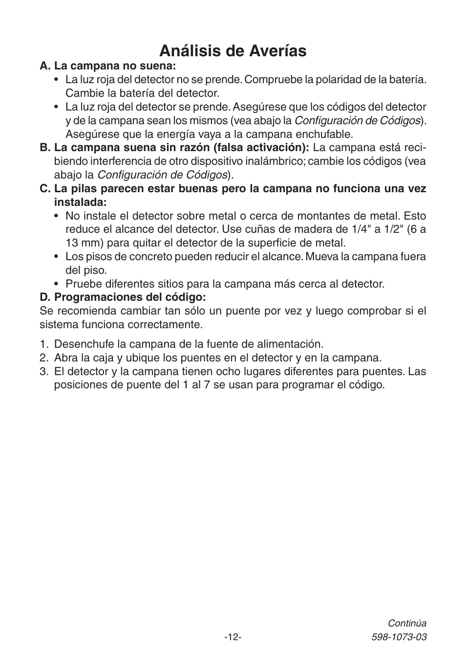 Análisis de averías | Heath Zenith 3003530 User Manual | Page 12 / 24