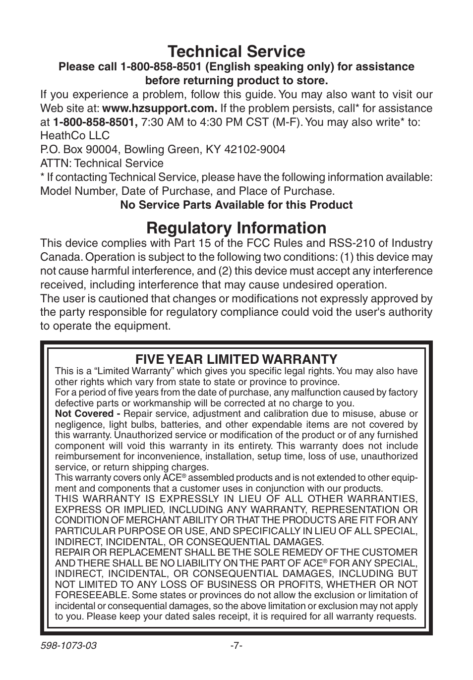 Regulatory information, Technical service, Five year limited warranty | Heath Zenith 3003530 User Manual | Page 7 / 24