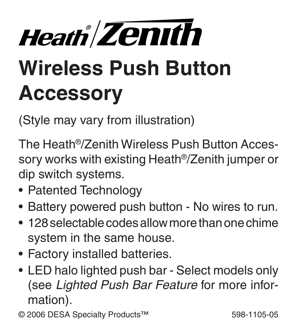 Heath Zenith Wireless Push Button Accessory 598-1105-05 User Manual | 32 pages