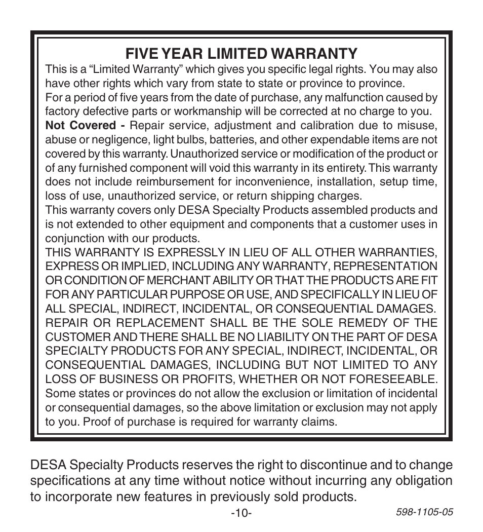 Five year limited warranty | Heath Zenith Wireless Push Button Accessory 598-1105-05 User Manual | Page 10 / 32