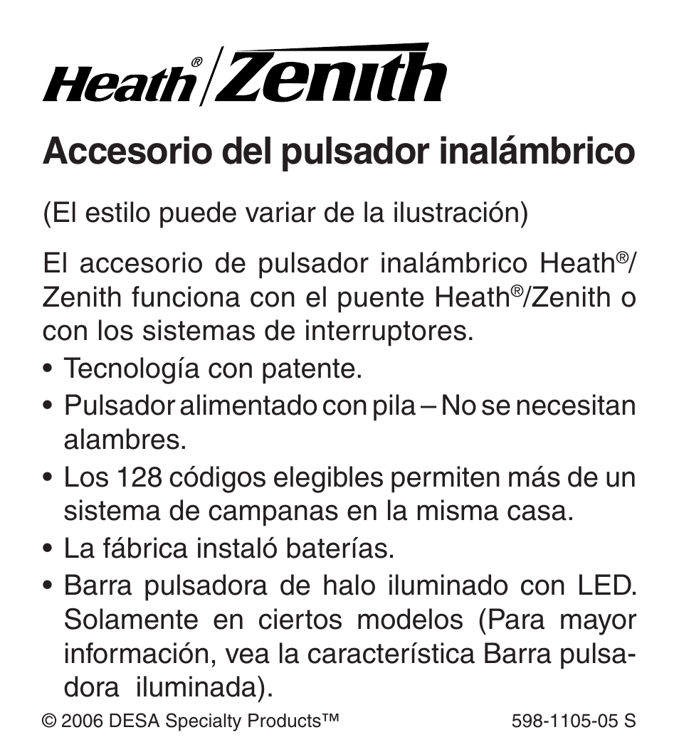 Accesorio del pulsador inalámbrico, El accesorio de pulsador inalámbrico heath, Zenith funciona con el puente heath | Heath Zenith Wireless Push Button Accessory 598-1105-05 User Manual | Page 11 / 32
